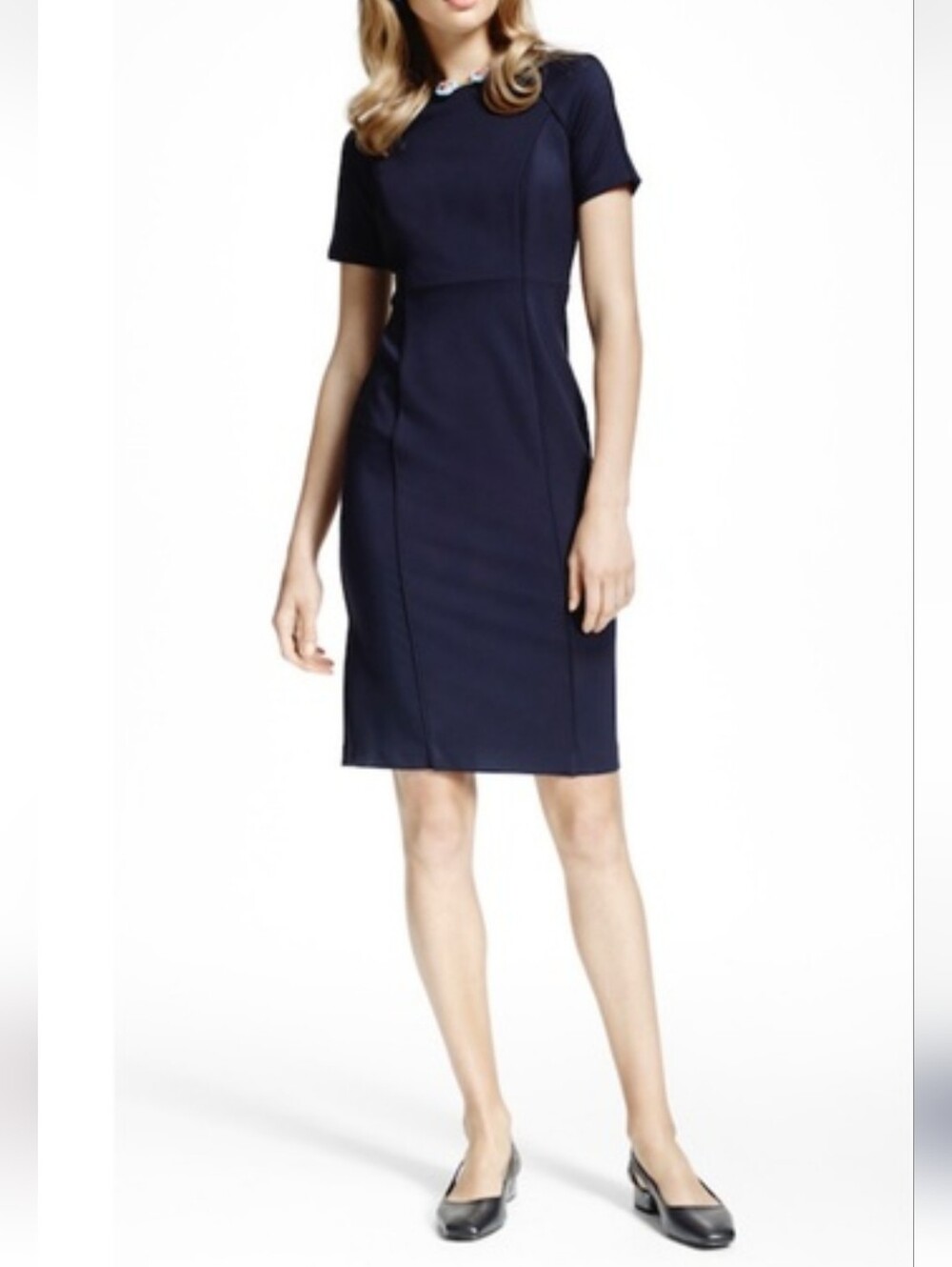 Brooks Brothers Stretch Ponte Short Sleeve Sheath Dress In Navy